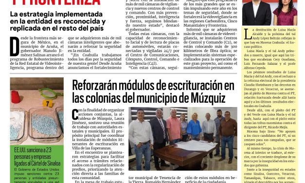 Portada RCG Carbonífera [24 de abril de 2026] Ampliarán el sistema de videovigilancia en las regiones Carbonífera y Fronteriza; Reforzarán módulos de escrituración en colonias de Múzquiz y más…