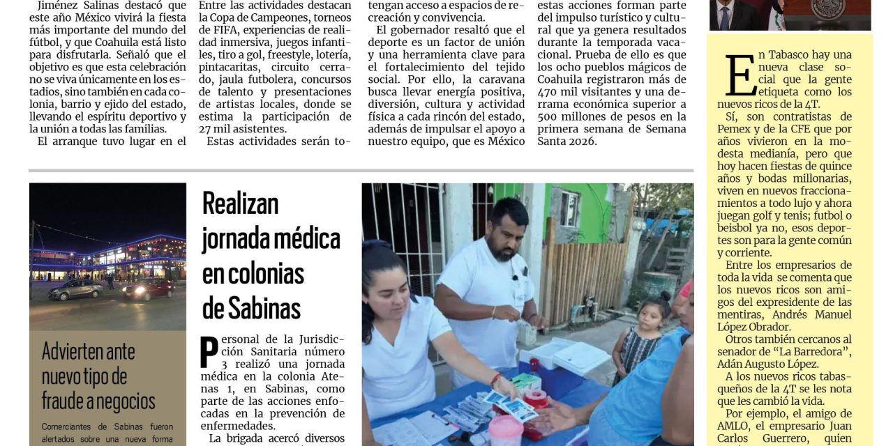 Portada RCG Carbonífera [8 de abril de 2026] Arranca Manolo Jiménez las caravanas Coahuila Pa´l Mundo; realizan jornada médica en colonias de Sabinas y más noticias…