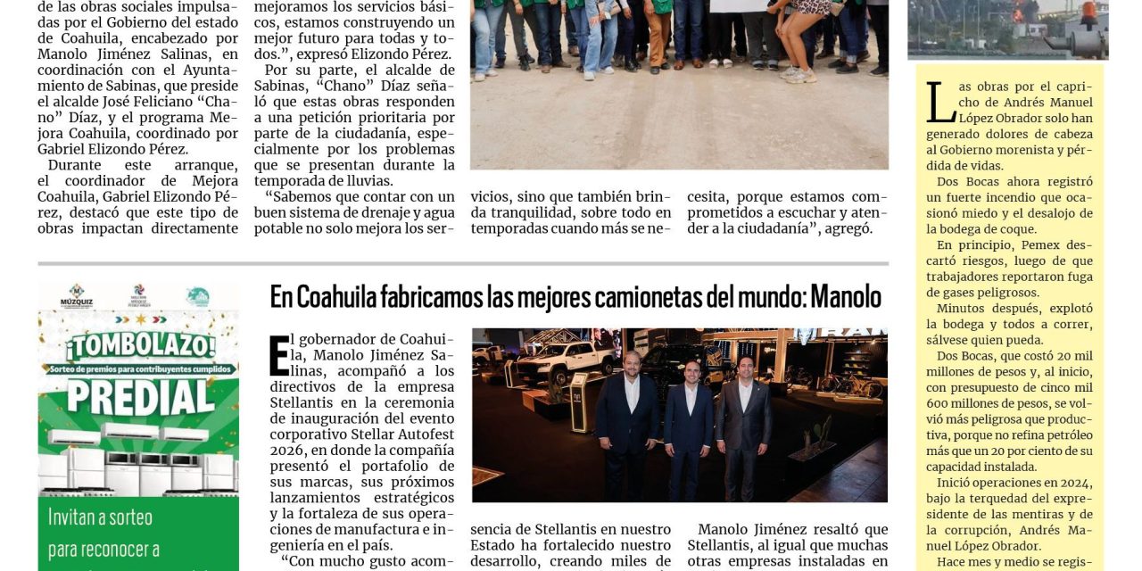 Portada RCG Carbonífera [11 de abril de 2026] Arranca Mejora obras sociales en Sabinas; en Coahuila fabricamos las mejores camionetas del mundo: Manolo y más noticias…