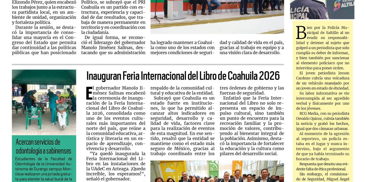 Portada RCG Carbonífera [25 de abril de 2026] Rinde protesta ‘Gachupín’ por el Distrito 6; inauguran Feria Internacional del Libro de Coahuila 2026 y más…