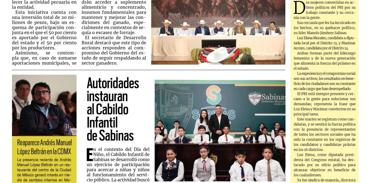 Portada RCG Carbonífera [28 de abril de 2026] Inicia el Programa de Suplemento Alimenticio para Ganado 2026; autoridades municipales instauran al Cabildo Infantil de Sabinas y más…