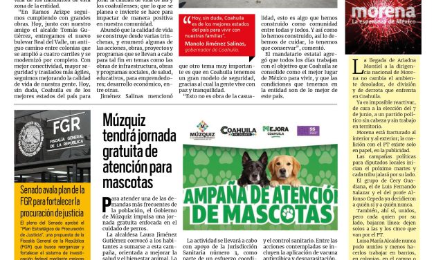 Portada RCG Carbonífera [29 de abril de 2026] Se sigue mejorando la movilidad y la conectividad en todas las regiones; Múzquiz tendrá jornada gratuita de atención para mascotas y más…