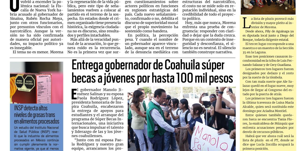 Portada RCG Carbonífera [30 de abril de 2026] Estados Unidos denuncia al narcogobernador de Morena en Sinaloa; entrega gobernador súper becas a jóvenes por hasta 100 mil pesos y más…