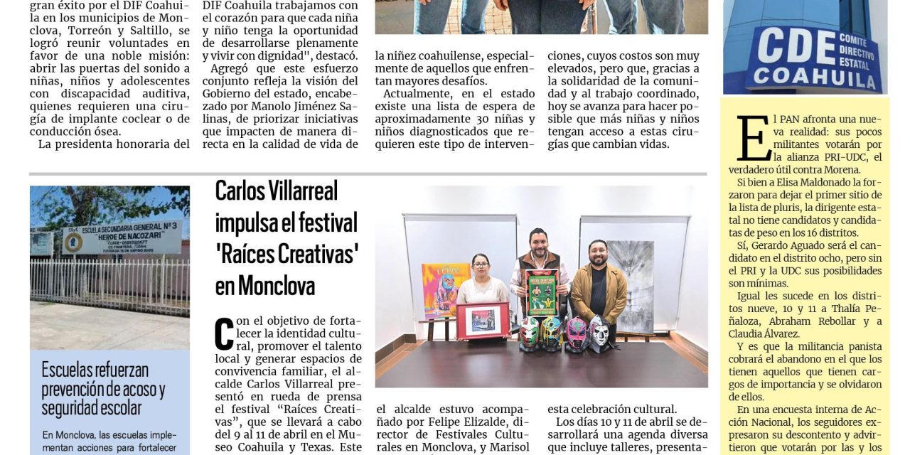 Portada RCG Centro [7 de abril de 2026] Juegos con Causa brindan oportunidades a menores con discapacidad auditiva; Carlos Villarreal impulsa el festival ‘Raíces Creativas’ en Monclova y más noticias…