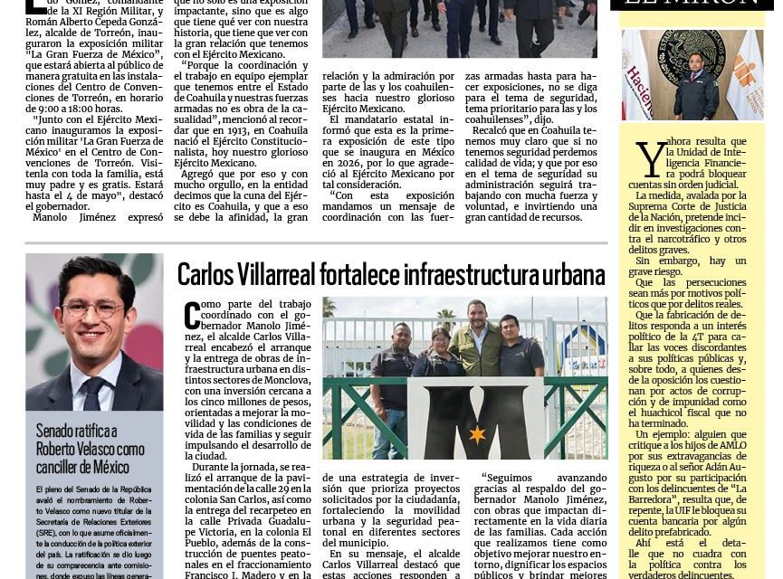 Portada RCG Centro [9 de abril de 2026] Manolo Jiménez inaugura la exposición ‘La Gran Fuerza de México’; Carlos Villarreal fortalece infraestructura urbana y más noticias…