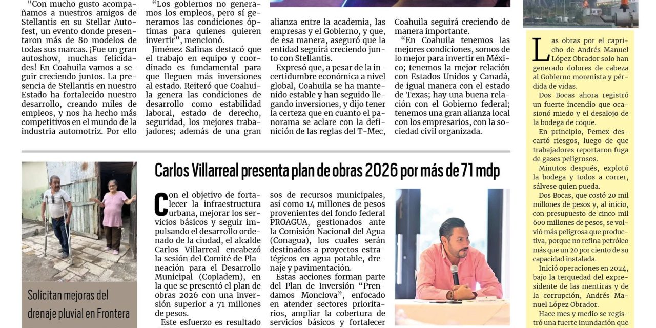 Portada RCG Centro [11 de abril de 2026] En Coahuila fabricamos las mejores camionetas del mundo: Manolo; Carlos Villarreal presenta plan de obras 2026 por más de 71 mdp y más noticias…