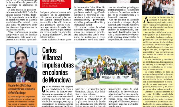 Portada RCG Centro [20 de abril de 2026] DIF Coahuila entrega infraestructura para atender y prevenir adicciones; Carlos Villarreal impulsa obras en colonias de Monclova y más…