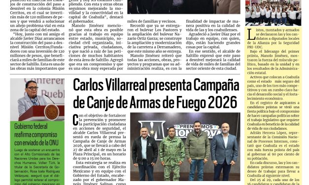 Portada RCG Centro [21 de abril de 2026] Seguimos arrancando grandes obras de infraestructura: Manolo Jiménez; Carlos Villarreal presenta Campaña de Canje de Armas de Fuego 2026 y más…