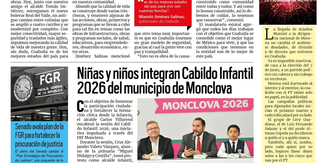 Portada RCG Centro [29 de abril de 2026] Se sigue mejorando la movilidad y la conectividad en todas las regiones; niñas y niños integran Cabildo Infantil 2026 en Monclova y más…