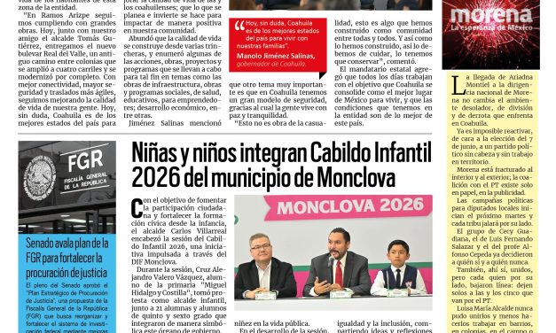 Portada RCG Centro [29 de abril de 2026] Se sigue mejorando la movilidad y la conectividad en todas las regiones; niñas y niños integran Cabildo Infantil 2026 en Monclova y más…