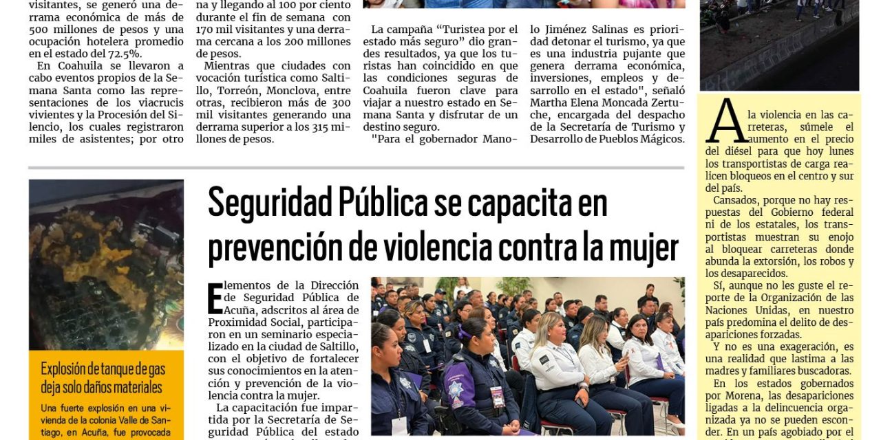 Portada RCG Fronteriza [6 de abril de 2026] Registra Coahuila una gran afluencia en primera semana de vacaciones; Seguridad Pública se capacita en prevención de violencia contra la mujer y más noticias…