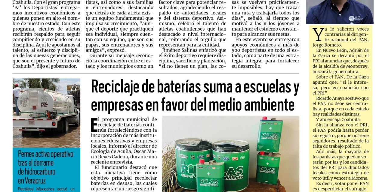 Portada RCG Fronteriza [15 de abril de 2026] Manolo Jiménez inicia el programa ‘Pa´los Deportistas 2026’; reciclaje de baterías suma a escuelas y empresas en favor del medio ambiente y más noticias…