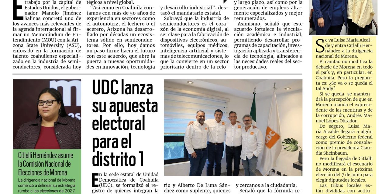 Portada RCG Fronteriza [17 de abril de 2026] Firma Manolo Jiménez acuerdo en materia de semiconductores en Washington; UDC lanza su apuesta electoral para el Distrito 1 y más noticias…
