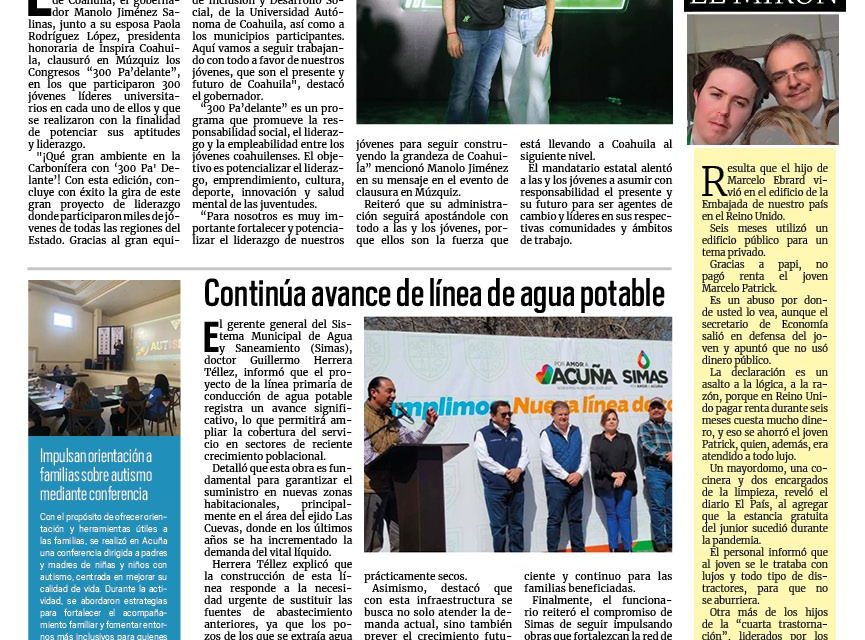 Portada RCG Fronteriza [18 de abril de 2026] Concluye con éxito el programa de liderazgo juvenil ‘300 Pa´delante’; continúa avance de línea de agua potable y más noticias…