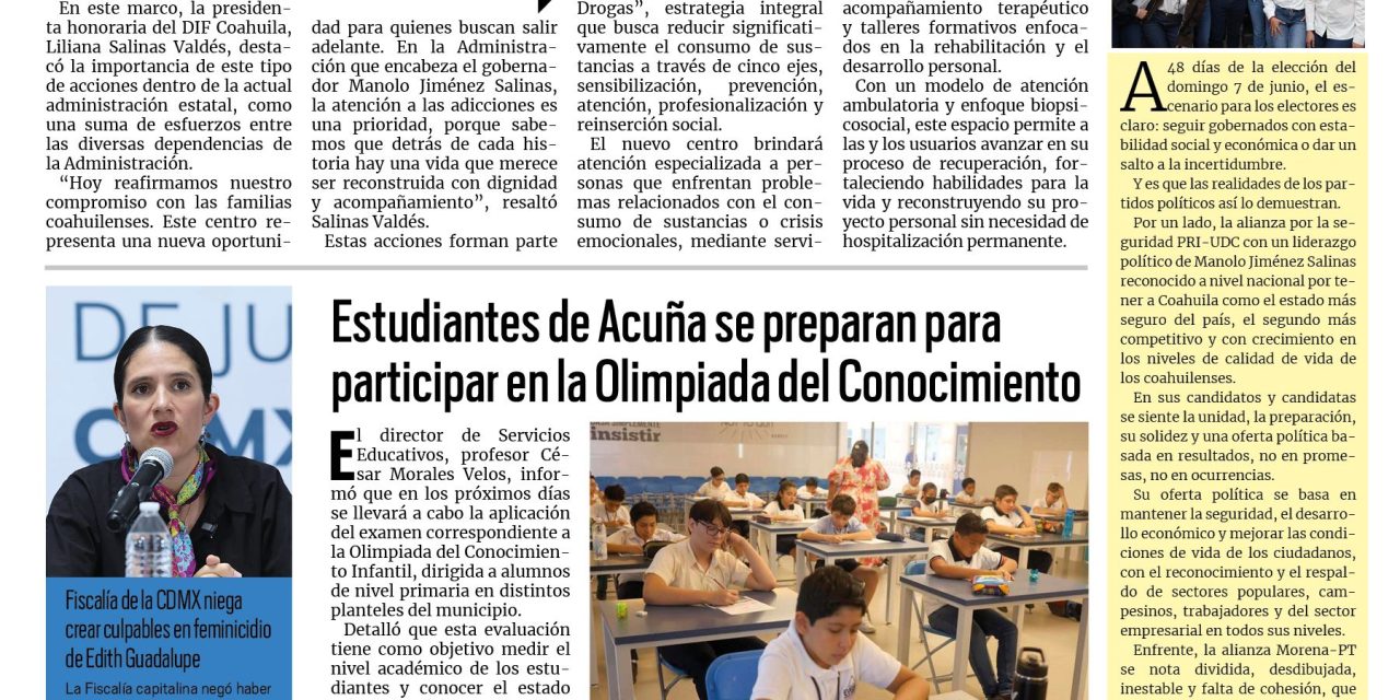 Portada RCG Fronteriza [20 de abril de 2026] DIF Coahuila entrega infraestructura para atender y prevenir adicciones; estudiantes de Acuña se preparan para la Olimpiada del Conocimiento y más…