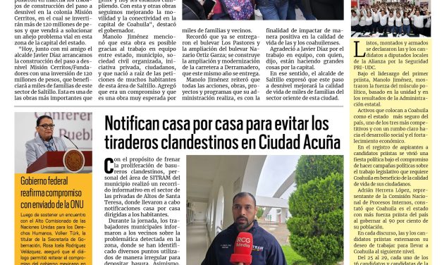 Portada RCG Fronteriza [21 de abril de 2026] Seguimos arrancando grandes obras de infraestructura: Manolo Jiménez; notifican casa por casa para evitar tiraderos clandestinos en Ciudad Acuña y más…