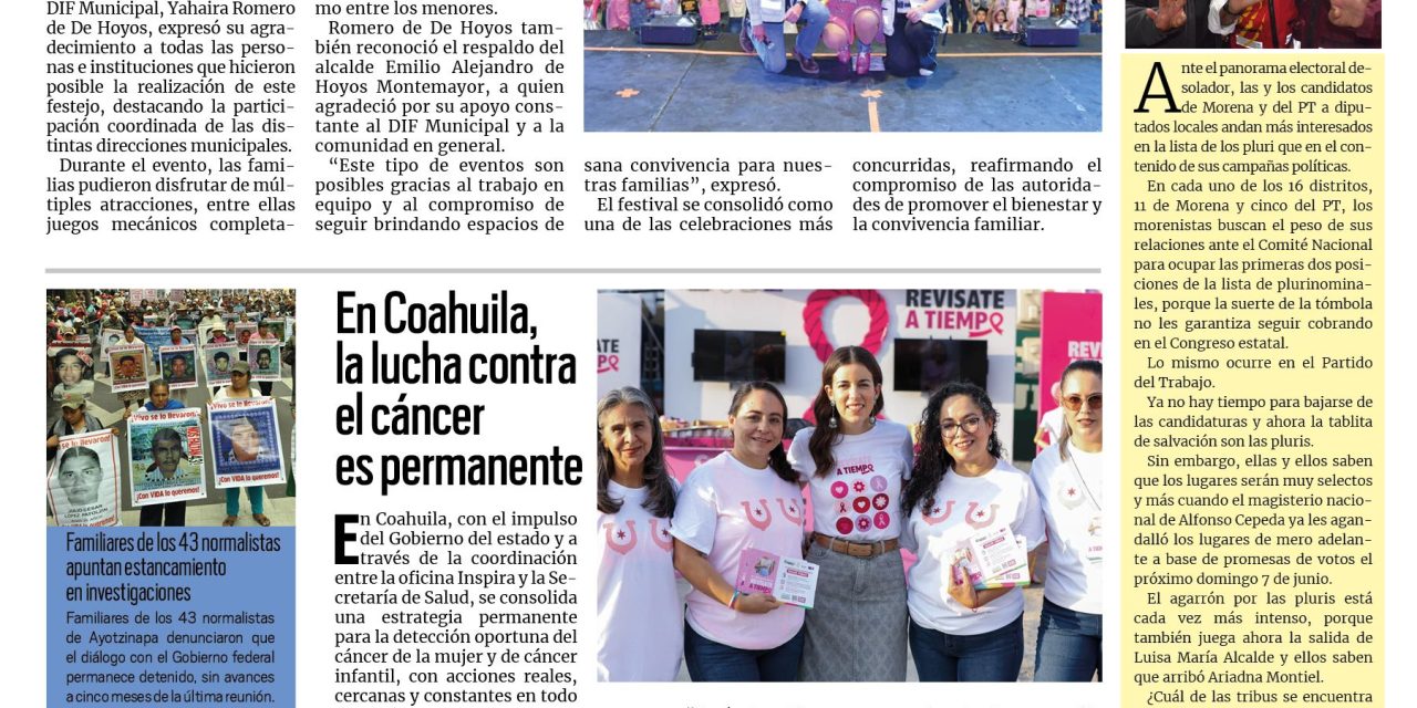 Portada RCG Fronteriza [27 de abril de 2026] Miles de familias disfrutan de festival infantil en Acuña; en Coahuila, la lucha contra el cáncer es permanente y más…