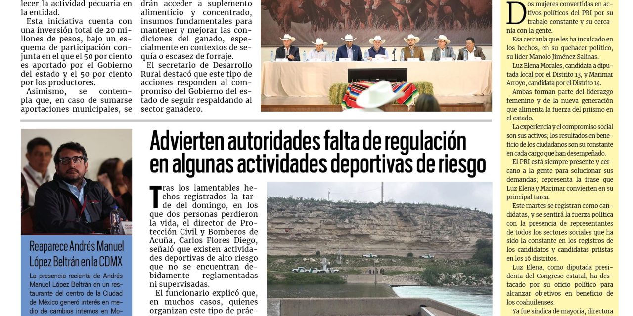 Portada RCG Fronteriza [28 de abril de 2026] Inicia el Programa de Suplemento Alimenticio para Ganado 2026; advierten falta de regulación en algunas actividades deportivas de riesgo y más…