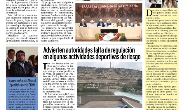 Portada RCG Fronteriza [28 de abril de 2026] Inicia el Programa de Suplemento Alimenticio para Ganado 2026; advierten falta de regulación en algunas actividades deportivas de riesgo y más…