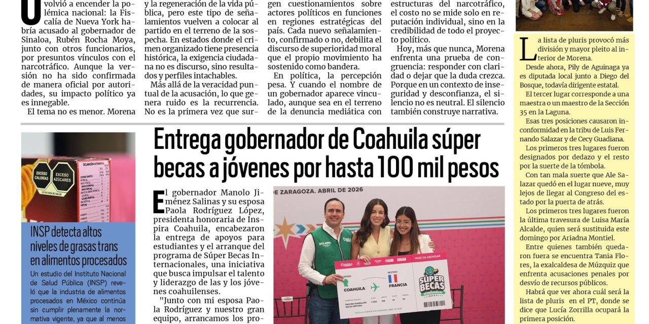 Portada RCG Fronteriza [30 de abril de 2026] Estados Unidos denuncia al narcogobernador de Morena en Sinaloa; entrega gobernador súper becas a jóvenes por hasta 100 mil pesos y más…
