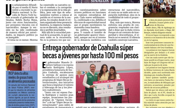 Portada RCG Fronteriza [30 de abril de 2026] Estados Unidos denuncia al narcogobernador de Morena en Sinaloa; entrega gobernador súper becas a jóvenes por hasta 100 mil pesos y más…