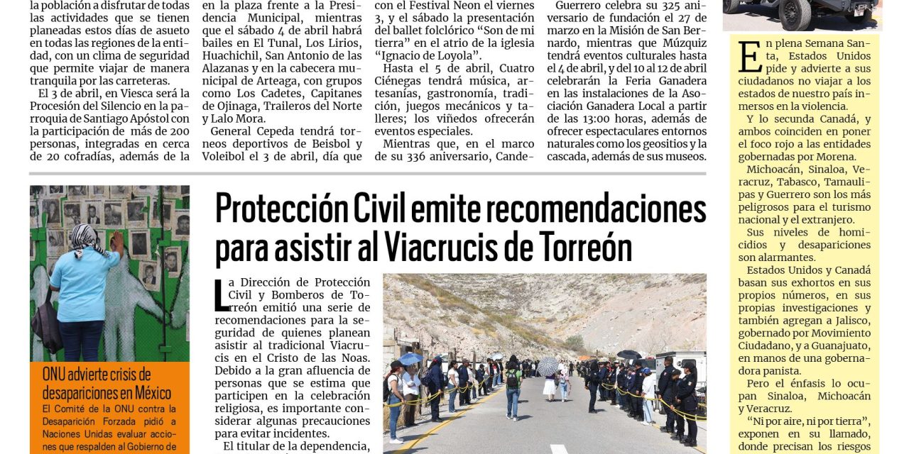 Portada RCG Lagunera [3  de abril de 2026] En Coahuila hay plan en Semana Santa; Protección Civil emite recomendaciones para asistir al Viacrucis y más…