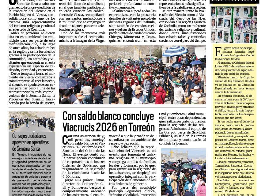 Portada RCG Lagunera [4  de abril de 2026] Se consolida Coahuila como destino de fe y cultura; con saldo blanco concluye Viacrucis 2026 en Torreón y más…