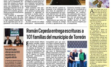 Portada RCG Lagunera [10 de abril de 2026] Manolo Jiménez refuerza la seguridad de Coahuila con coordinación; Román Cepeda entrega escrituras a 101 familias de Torreón y más noticias…