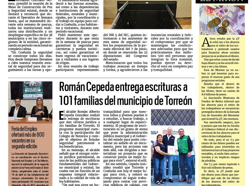 Portada RCG Lagunera [10 de abril de 2026] Manolo Jiménez refuerza la seguridad de Coahuila con coordinación; Román Cepeda entrega escrituras a 101 familias de Torreón y más noticias…