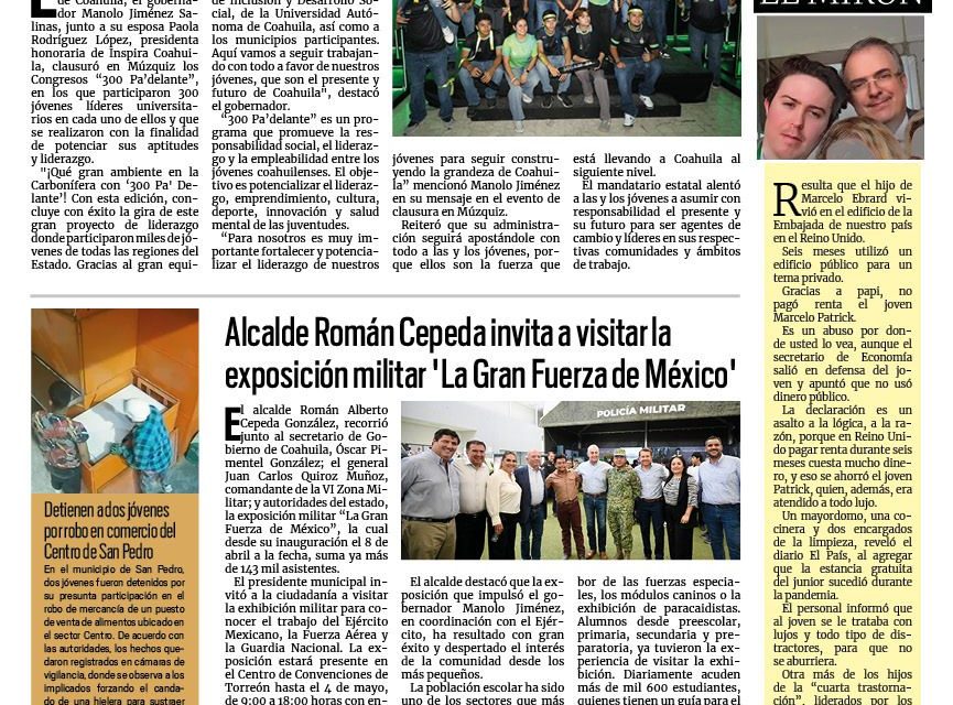 Portada RCG Lagunera [18 de abril de 2026] Concluye con éxito el programa de liderazgo juvenil ‘300 Pa´delante’; Román Cepeda invita a visitar la exposición militar ‘La Gran Fuerza de México’ y más noticias…