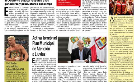 Portada RCG Lagunera [19 de abril de 2026] Con la Expoasis en Múzquiz seguimos fortaleciendo nuestra cultura vaquera en Coahuila: Manolo; Restablecen servicio de agua en oriente de Torreón y más…