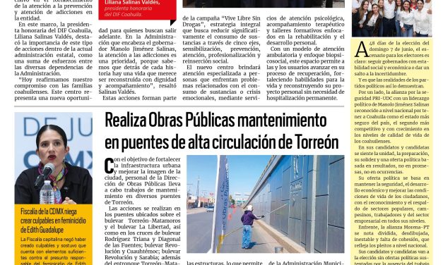 Portada RCG Lagunera [20 de abril de 2026] DIF Coahuila entrega infraestructura para atender y prevenir adicciones; realiza Obras Públicas mantenimiento en puentes de alta circulación y más…