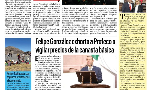 Portada RCG Lagunera [22 de abril de 2026] Listo Coahuila para la Olimpiada Nacional 2026: Manolo Jiménez; Felipe González exhorta a Profeco a vigilar precios de la canasta básica y más…