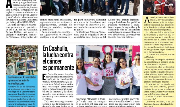 Portada RCG Lagunera [27 de abril de 2026] Se registran Verónica Martínez y Lorena Safa por el Distrito 9; en Coahuila, la lucha contra el cáncer es permanente y más…