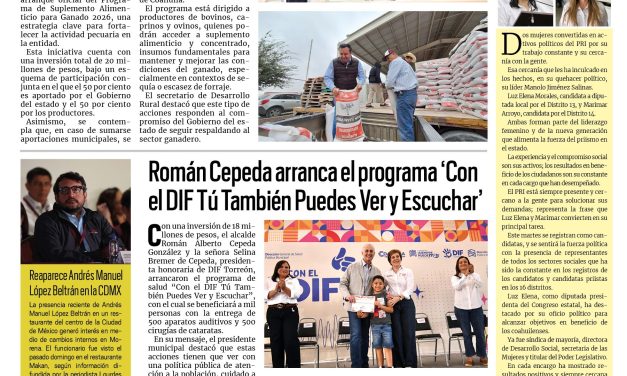 Portada RCG Lagunera [28 de abril de 2026] Inicia el Programa de Suplemento Alimenticio para Ganado 2026; Román Cepeda arranca el programa ‘Con el DIF Tú También Puedes Ver y Escuchar’ y más…