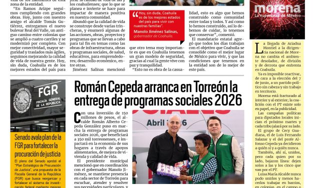 Portada RCG Lagunera [29 de abril de 2026] Se sigue mejorando la movilidad y la conectividad en todas las regiones; Román Cepeda arranca entrega de Programas Sociales 2026 y más…