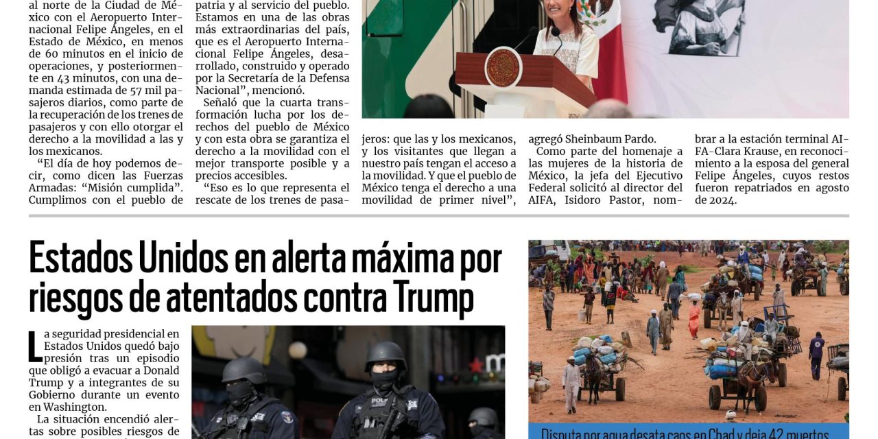Portada RCG Nacional e Internacional [27 de abril de 2026] Presidenta inaugura el Tren Felipe Ángeles, Buenavista-AIFA; EE. UU. en alerta máxima por riesgos de atentados contra Trump y más…