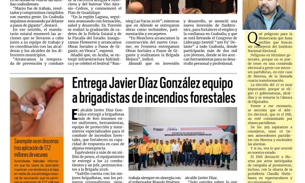 Portada RCG Media [1  de abril de 2026] ‘Marzo concretó un mes con mucho trabajo para Coahuila’; entrega Javier Díaz equipo a brigadistas de incendios forestales y más…