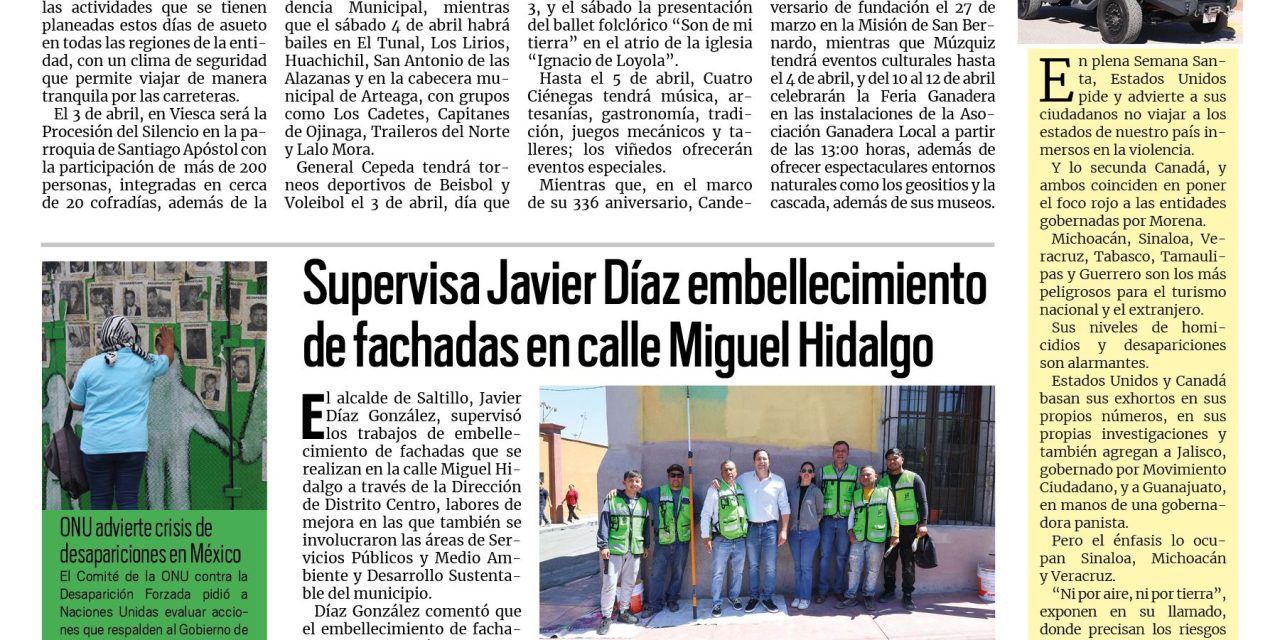 Portada RCG Media [3  de abril de 2026] En Coahuila hay plan en Semana Santa; supervisa Javier Díaz embellecimiento de fachadas en calle Miguel Hidalgo y más…