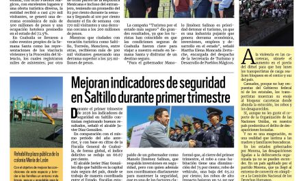 Portada RCG Media [6 de abril de 2026] Registra Coahuila una gran afluencia en primera semana de vacaciones; mejoran indicadores de seguridad en Saltillo durante primer trimestre y más noticias…