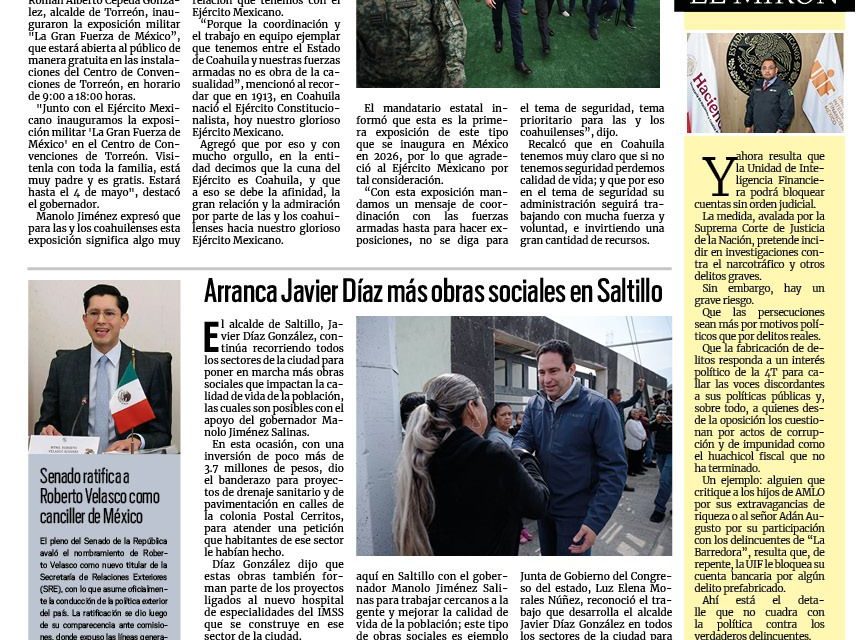 Portada RCG Media [9 de abril de 2026] Manolo Jiménez inaugura la exposición ‘La Gran Fuerza de México’; arranca Javier Díaz más obras sociales en Saltillo y más noticias…