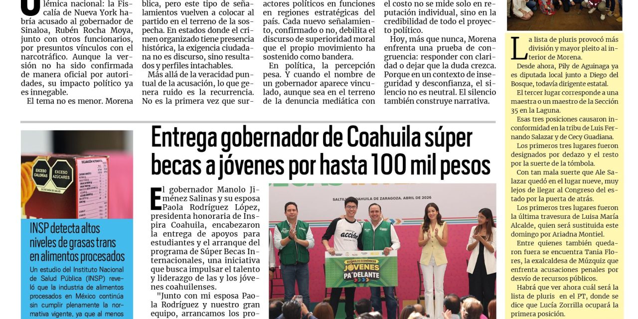 Portada RCG Media [30 de abril de 2026] Estados Unidos denuncia al narcogobernador de Morena en Sinaloa; entrega gobernador súper becas a jóvenes por hasta 100 mil pesos y más…