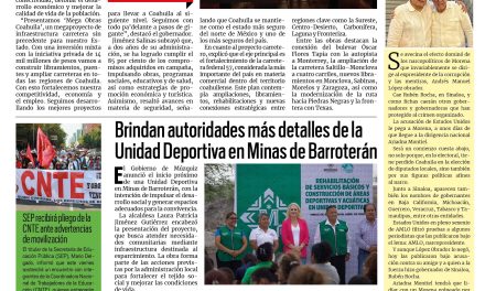 Portada RCG Carbonífera [1 de mayo de 2026] Proyecta gobernador Mega Obras en todas las regiones de Coahuila; brindan detalles de la Unidad Deportiva en Minas de Barroterán y más…