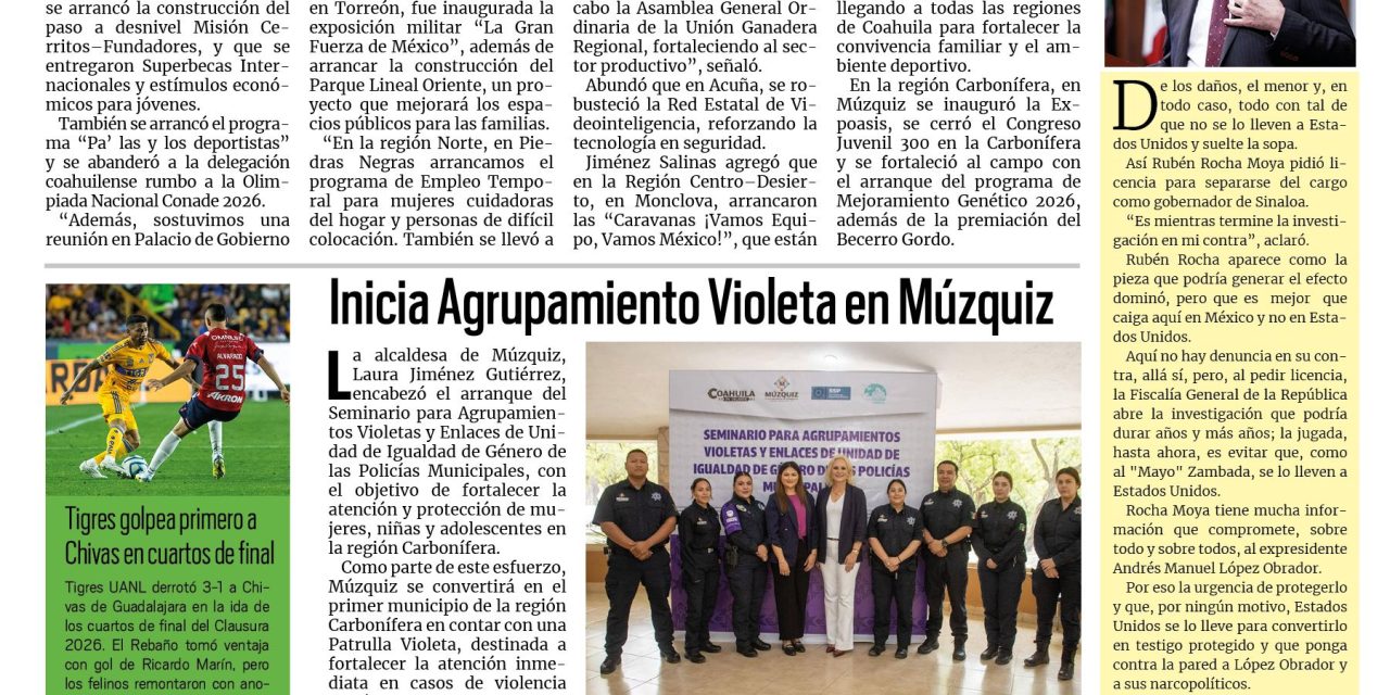 Portada RCG Carbonífera [3 de mayo de 2026] Abril fue un mes de mucho dinamismo y resultados para Coahuila: Manolo; Realizan jornada de bienestar animal en Sabinas y más…
