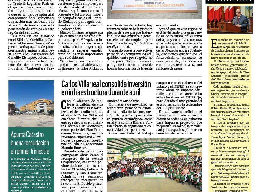 Portada RCG Centro [ 2 de mayo de 2026] Concretamos inversión histórica para la región Carbonífera: Manolo; Carlos Villarreal consolida inversión en infraestructura durante abril y más…