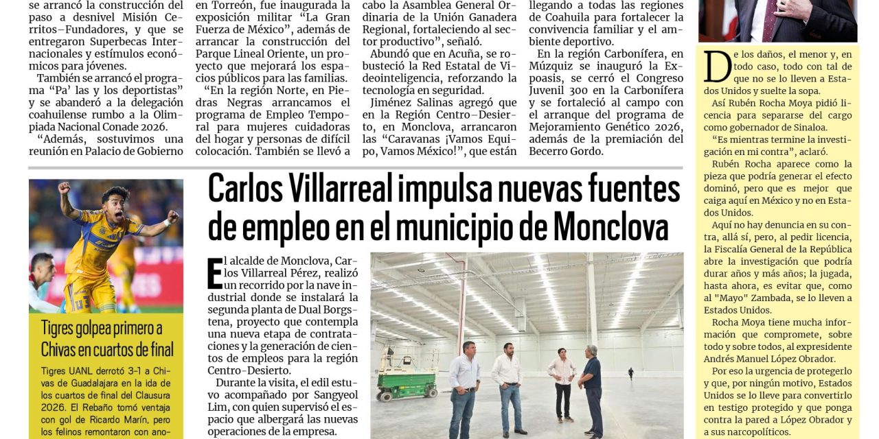 Portada RCG Centro [3 de mayo de 2026] Abril fue un mes de mucho dinamismo y resultados para Coahuila: Manolo; Derechos de las infancias deben garantizarse a diario: Pronnif y más…