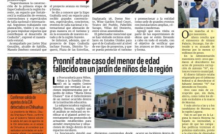 Portada RCG Centro [28 de mayo de 2026] Supervisa Manolo Jiménez trabajos de construcción de la Expo Coahuila; Pronnif atrae caso del menor de edad fallecido en un jardín de niños y más…