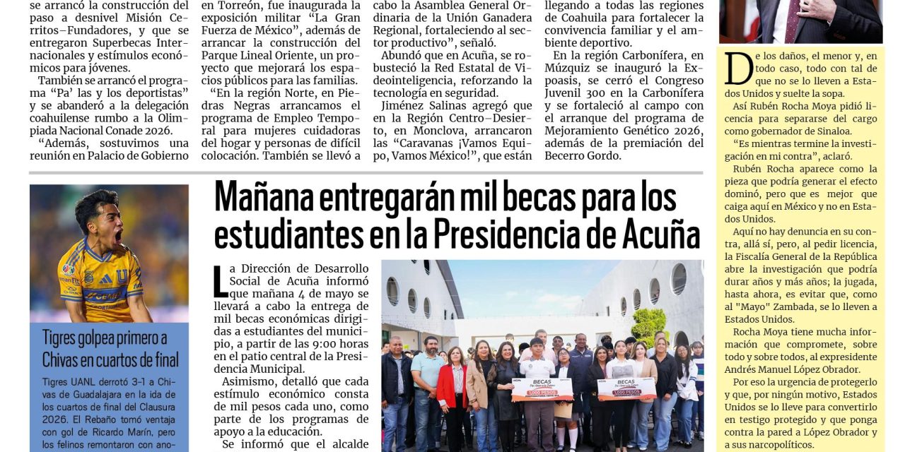 Portada RCG Fronteriza [3 de mayo de 2026] Abril fue un mes de mucho dinamismo y resultados para Coahuila: Manolo; Continúa desazolve y limpieza de arroyos en Acuña y más…