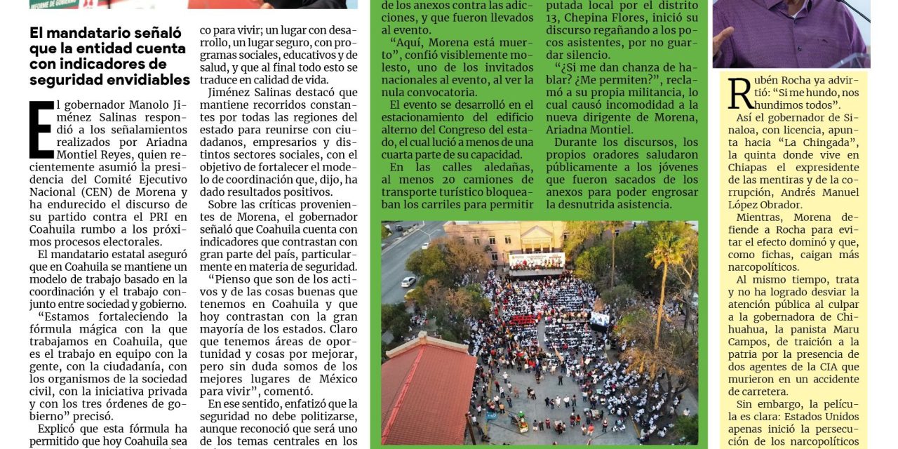 Portada RCG Lagunera [7 de mayo de 2026] ‘Ningún estado gobernado por Morena está mejor que Coahuila’; Morena está muerto en Saltillo y en Torreón y más…