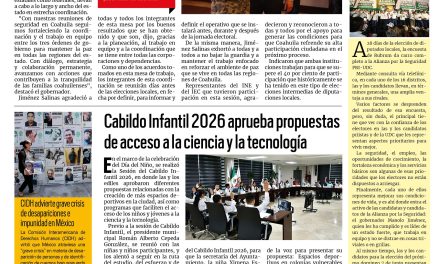Portada RCG Lagunera [12 de mayo de 2026] Manolo Jiménez preside la Mesa de Construcción de Paz y Seguridad; Cabildo Infantil 2026 aprueba propuestas de acceso a la ciencia y la tecnología y más…